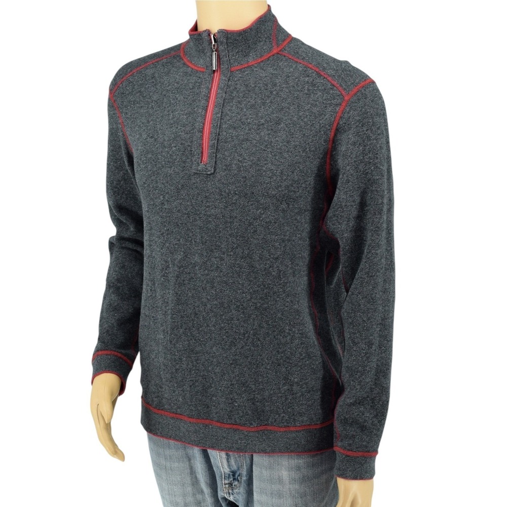 Tommy Bahama FLIPSIDE Reversible 1/4 Zip Sweater Men's L Burgundy Charcoal